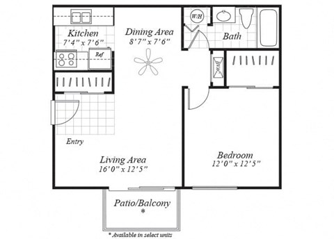 One bedroom one bathroom floor plan at Brentwood